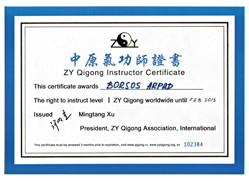 Borsos �rp�d oklevele - ZY Qigong Instructor Certificate